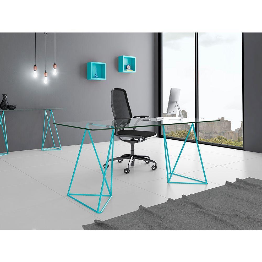 Escrivaninha De Vidro Bela Vista Cavalete Base Ferro Azul Turquesa - Cor: Branco - 2