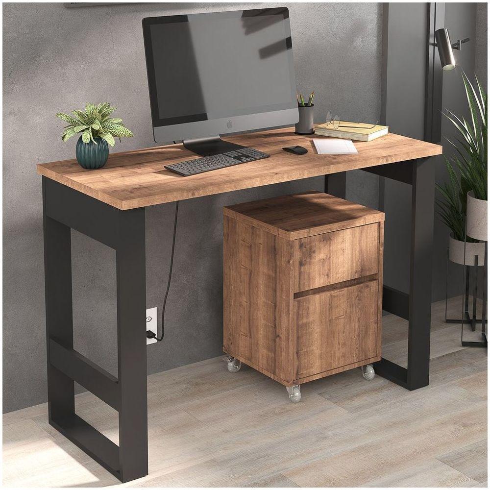 Mesa Escrivaninha Estilo Industrial Com Armário Baixo Chess F04 Preto/Solanum - Mpozenato - 4