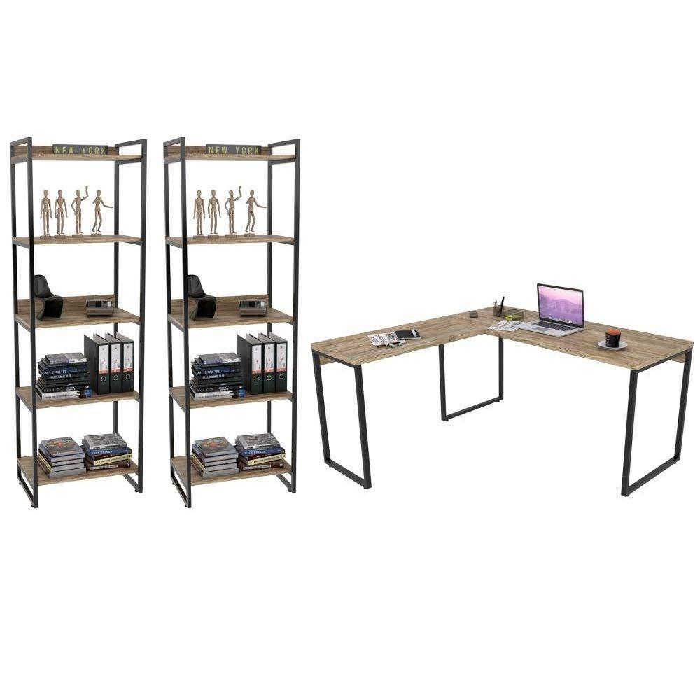 Conjunto Escritório Estilo Industrial Mesa 150X150Cm E 2 Estantes 60Cm 5 Prateleiras C08 Carvalho - 1
