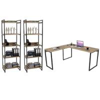 Conjunto Escritório Estilo Industrial Mesa 150X150Cm E 2 Estantes 60Cm 5 Prateleiras C08 Carvalho - 1