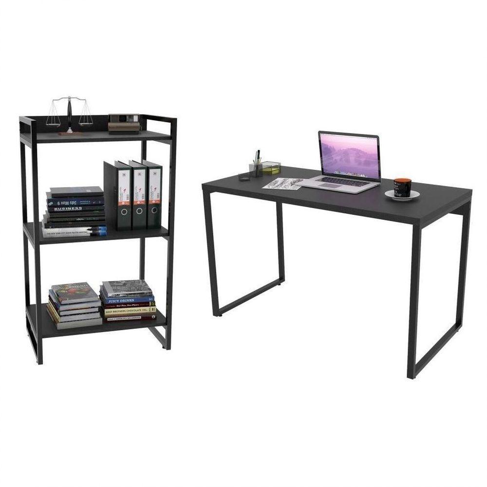 Conjunto Escritório Estilo Industrial Mesa 135cm E Estante 60cm 3 Prateleiras Prisma C08 Preto Onix - 1