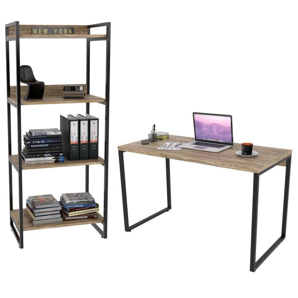 Conjunto Escritório Mesa 120Cm E Estante 60Cm 4 Prateleiras Prisma Carvalho - 1