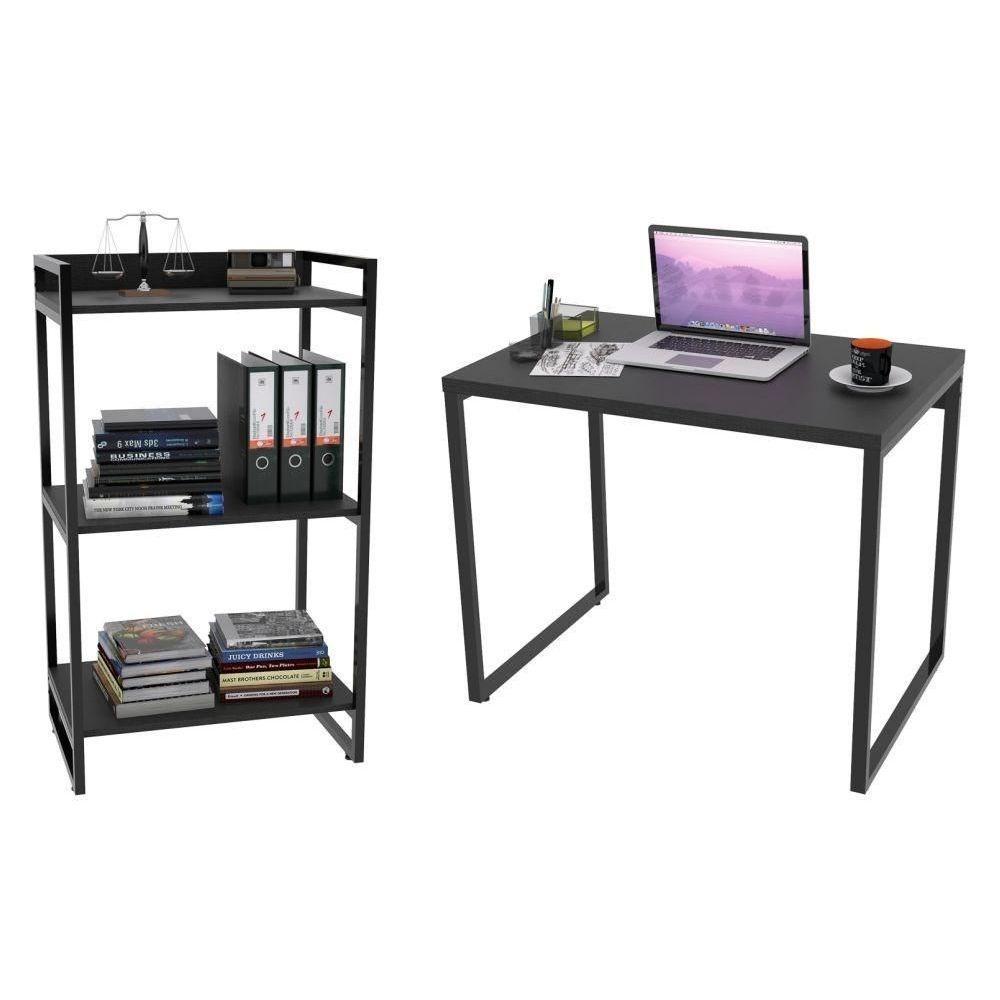 Conjunto Escritório Mesa 90Cm E Estante 60Cm 3 Prateleiras Prisma Preto Onix - 1