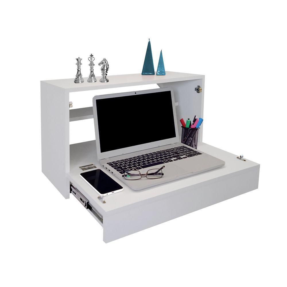 Escrivaninha Suspensa Bancada Compacta Com Gaveta Mesa Para Notebook Branco Laca - 1