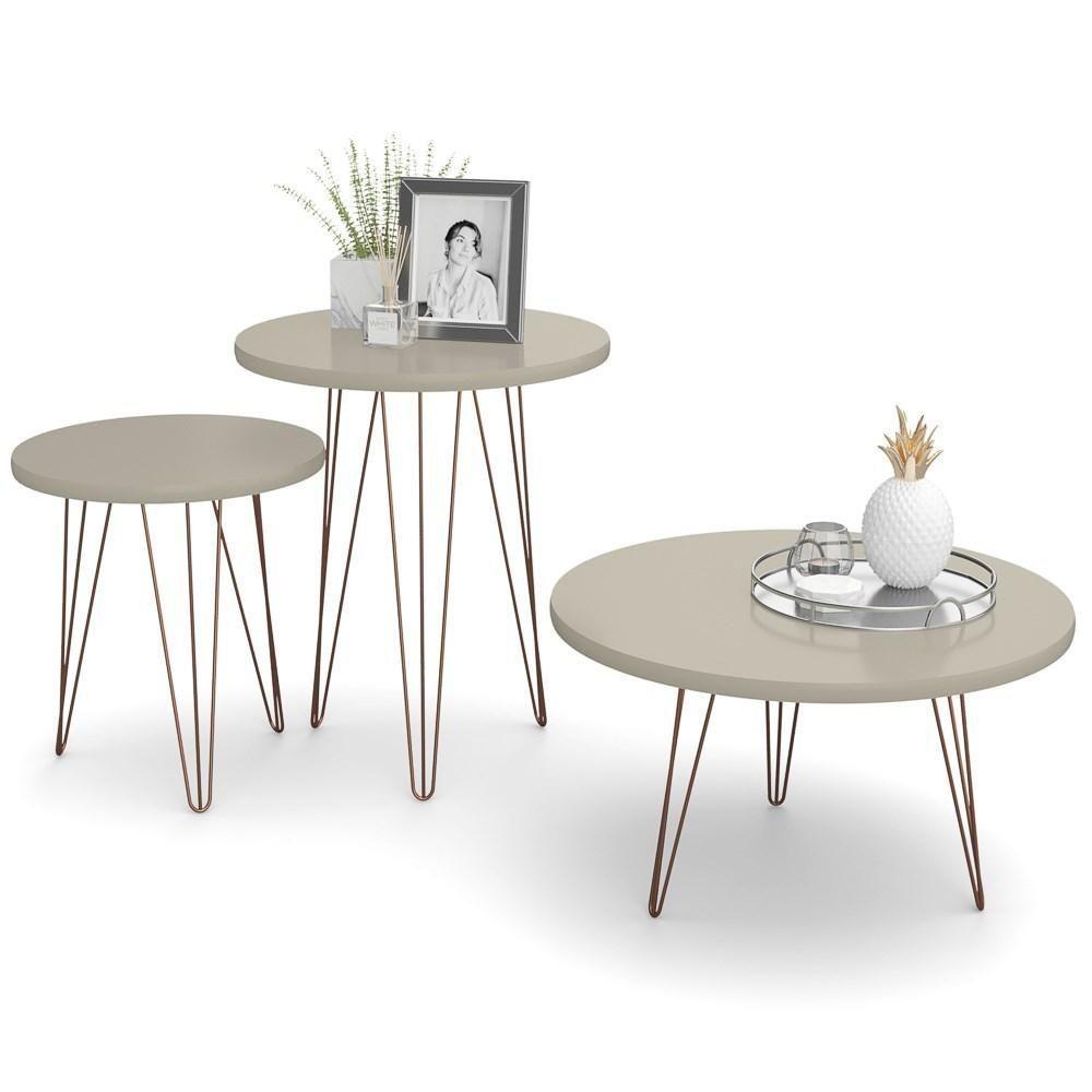 Conjunto Mesas De Centro Redondas Evolution Base Aço Off White - 1