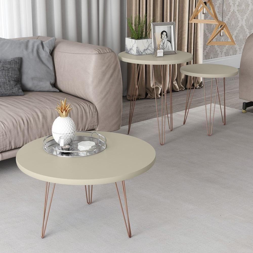 Conjunto Mesas De Centro Redondas Evolution Base Aço Off White - 6