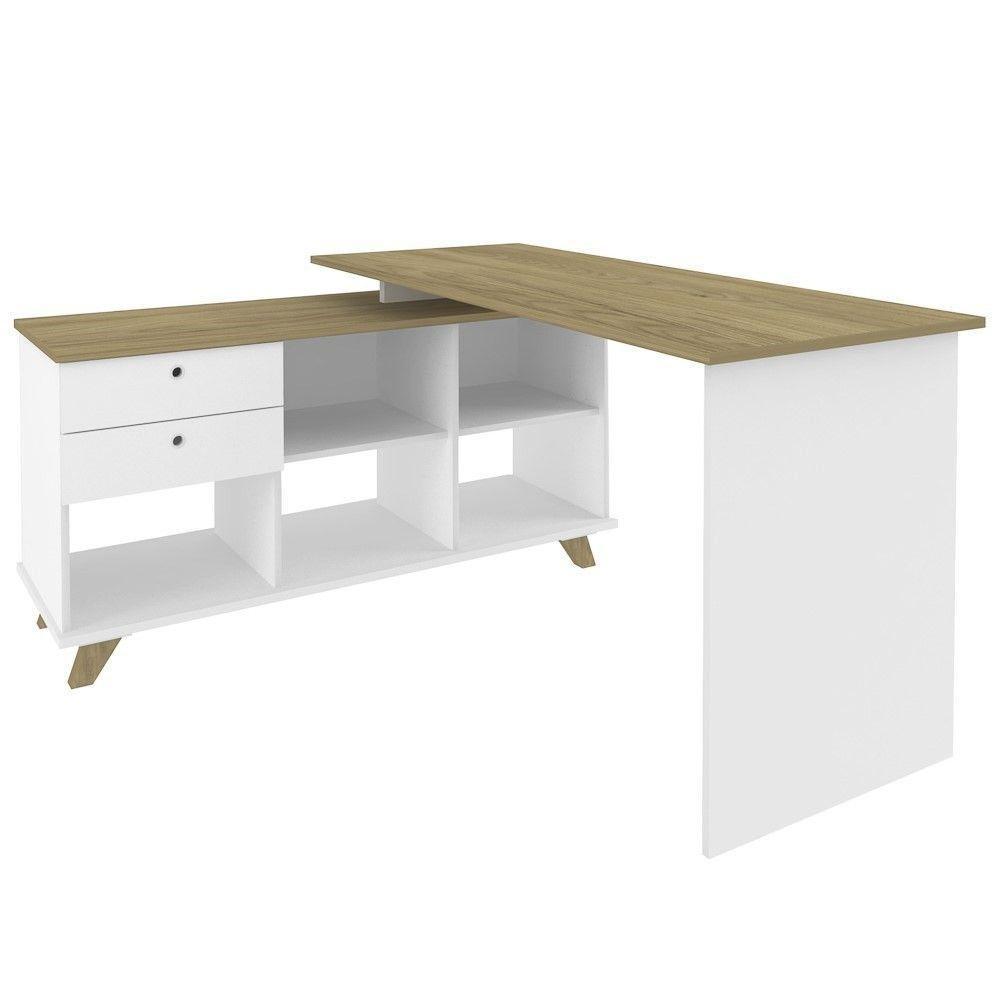 Mesa Para Computador Escrivaninha Em L Gold 2 Gavetas E Nichos Branco/Olmo - Artany - 1
