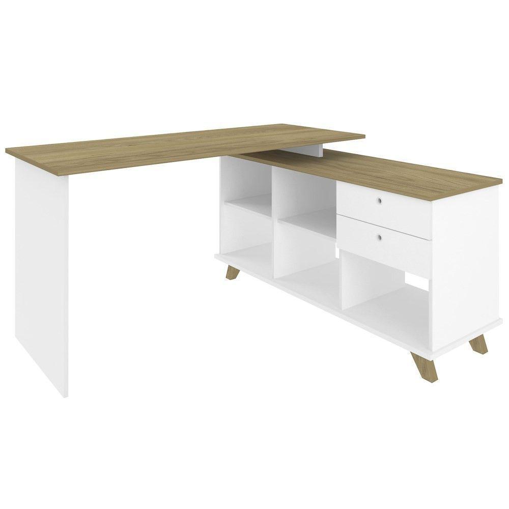 Mesa Para Computador Escrivaninha Em L Gold 2 Gavetas E Nichos Branco/Olmo - Artany - 3