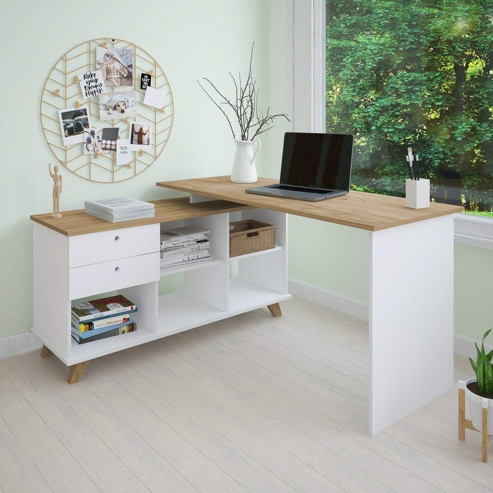 Mesa Para Computador Escrivaninha Em L Gold 2 Gavetas E Nichos Branco/Olmo - Artany - 5