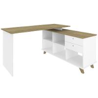 Mesa Para Computador Escrivaninha Em L Gold 2 Gavetas E Nichos Branco/Olmo - Artany - 3