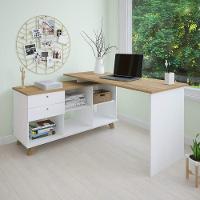 Mesa Para Computador Escrivaninha Em L Gold 2 Gavetas E Nichos Branco/Olmo - Artany - 5