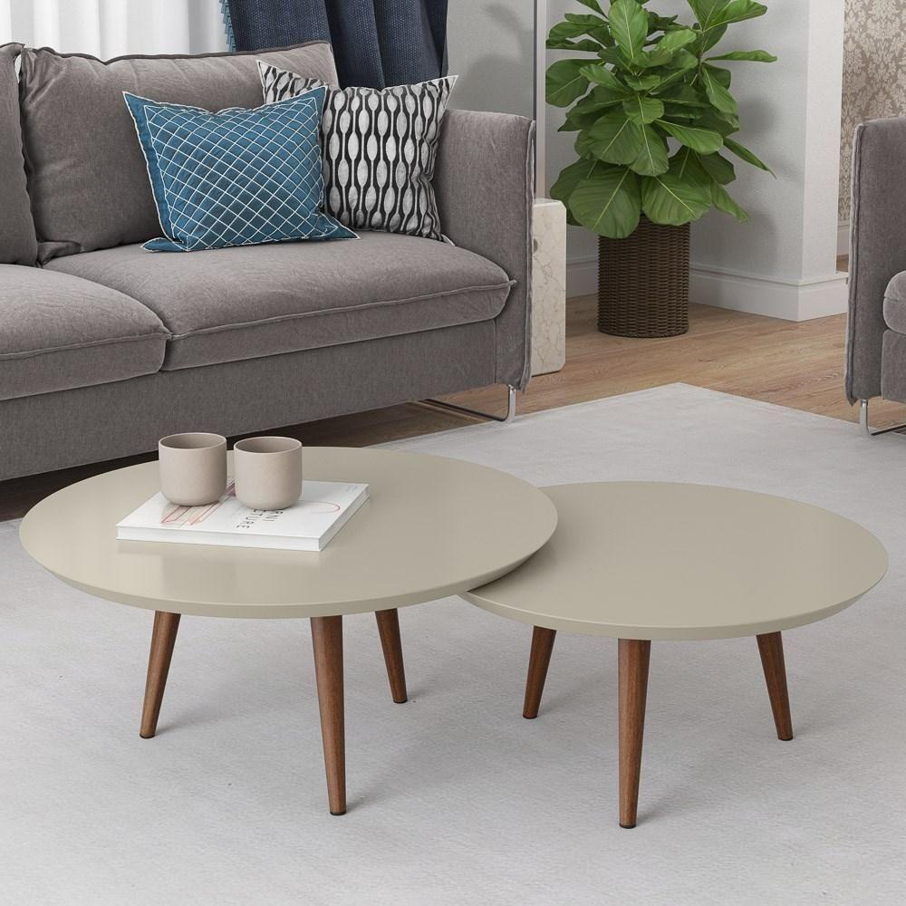 Conjunto Mesas De Centro Redondas Pés Madeira Luna Off White - 4
