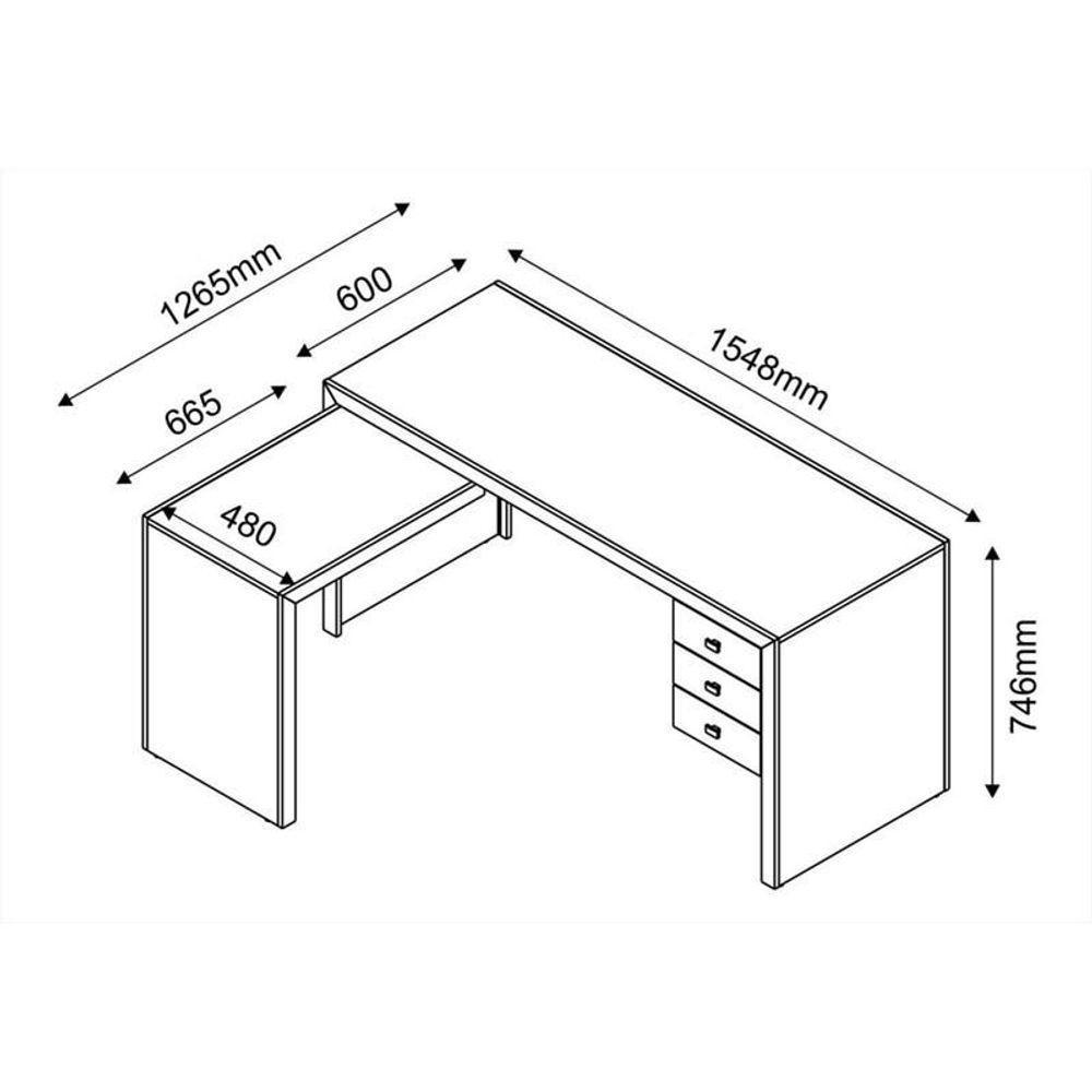 Mesa Para Home Office Com 03 Gavetas Amêndoa -Tecno Mobili - 3