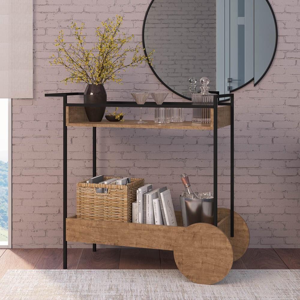 Carrinho Bar 2 Caixas Com Rodízios Estilo Industrial Steel Quadra Vermont Base Preta - Artesano - 3