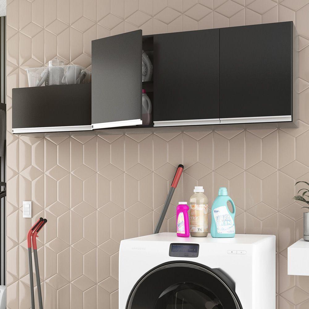 Kit área De Serviço E Lavanderia Com 02 Armários Aéreo 120cm E 80cm 100% Mdf Preto - Abmaza - 2