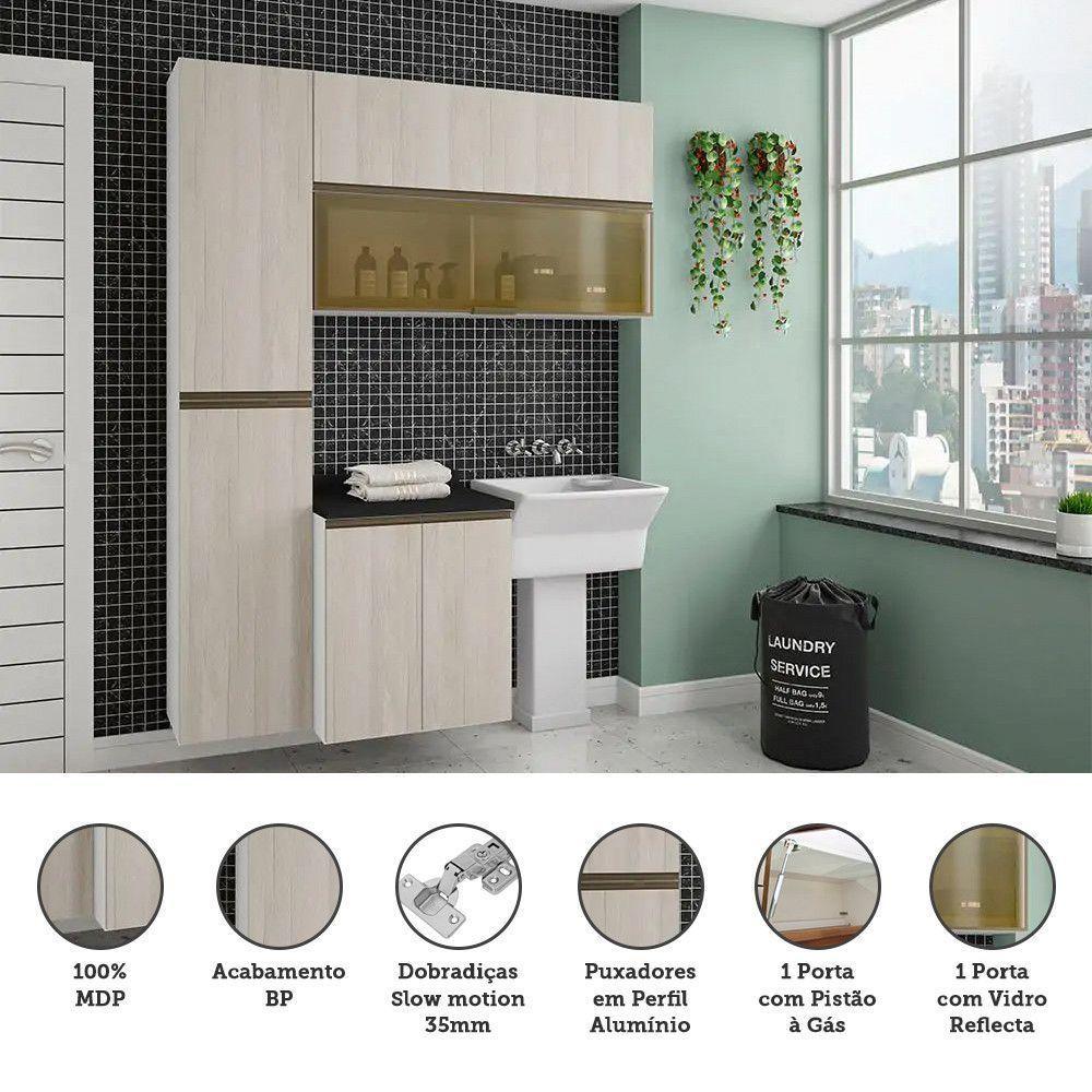 Armário De Lavanderia 3 Pçs Com Tampo E Vidro Pérola Móveis Branco Polar Com Legno Crema E Preto - 3