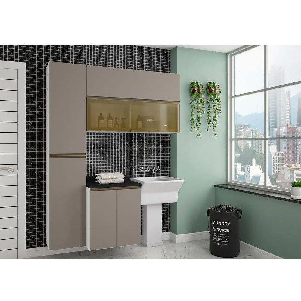 Armário De Lavanderia 3 Pçs Com Tampo Vidro Reflecta Pérola Móveis Branco Polar Com Connect Preto - 1