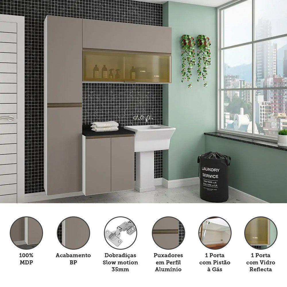 Armário De Lavanderia 3 Pçs Com Tampo Vidro Reflecta Pérola Móveis Branco Polar Com Connect Preto - 2