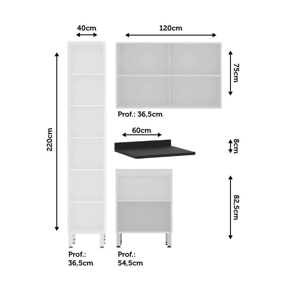 Armário De Lavanderia 3 Pçs Com Tampo Vidro Reflecta Pérola Móveis Branco Polar Com Connect Preto - 3