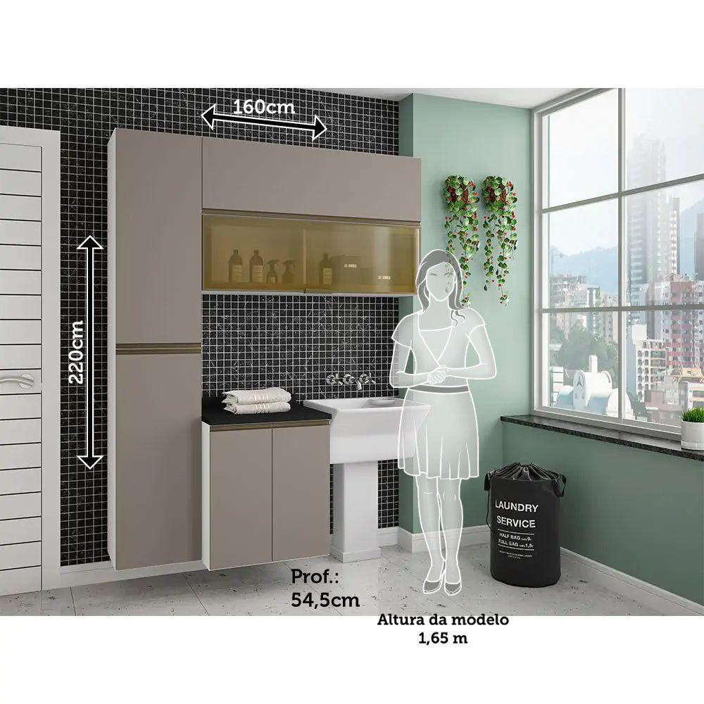 Armário De Lavanderia 3 Pçs Com Tampo Vidro Reflecta Pérola Móveis Branco Polar Com Connect Preto - 4
