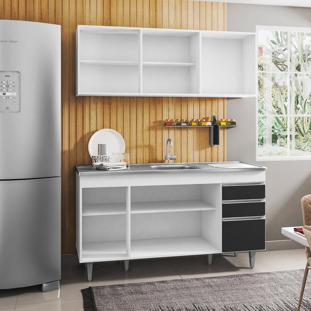 Armário Aéreo E Balcão Gabinete Com Pia Inox 150cm Branco - 4