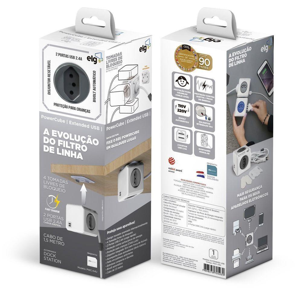 Powercube Extended Pwc-x4u Elg Cinza 4 Tomadas Com Cabo 1,5m - 3