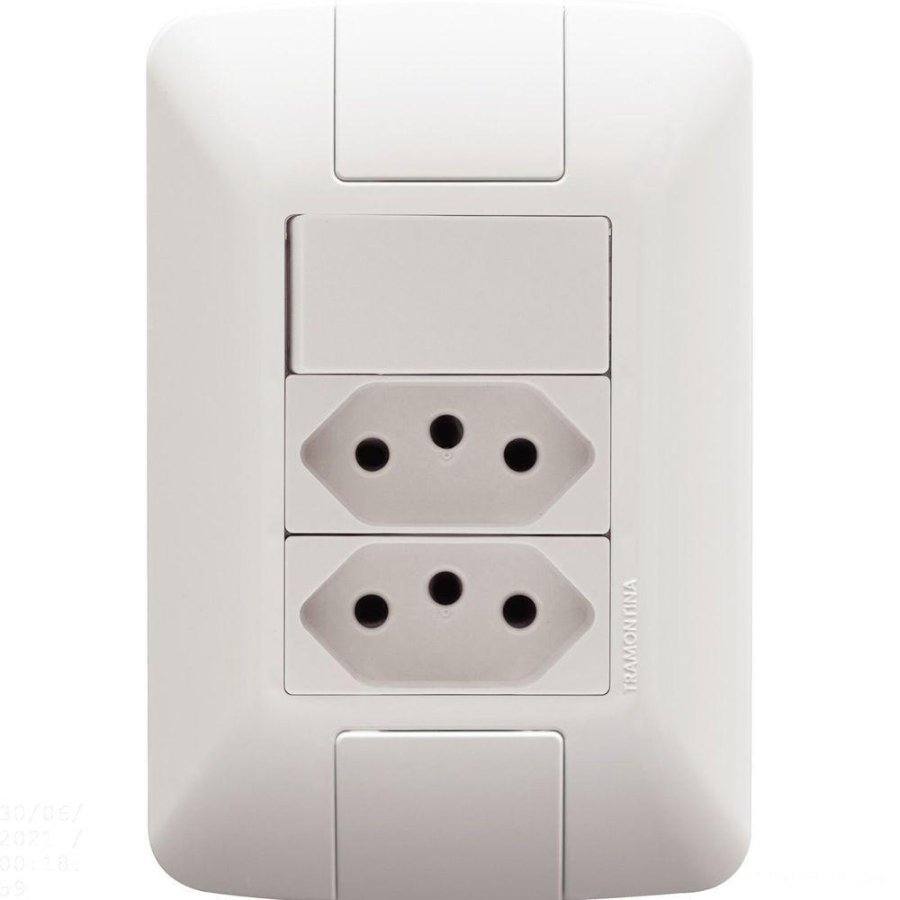 Conjunto 4x2 Com 1 Interruptor Simples 6 A 250 V E 2 Tomadas 2p+t 10 A 250 V Aria Em Bran - 1