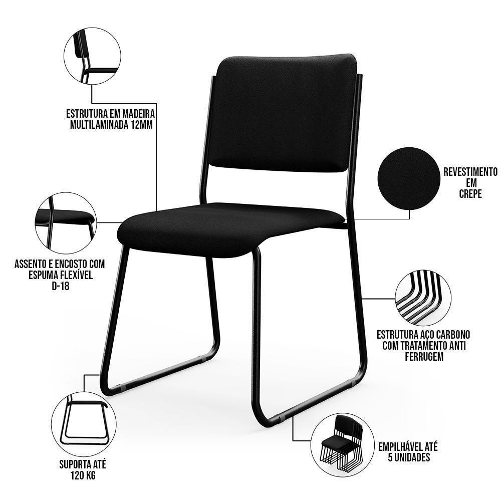 Kit 04 Cadeiras Hoteleira Auditório Empilhável Inter L02 Crepe Preto - Lyam Decor - 8