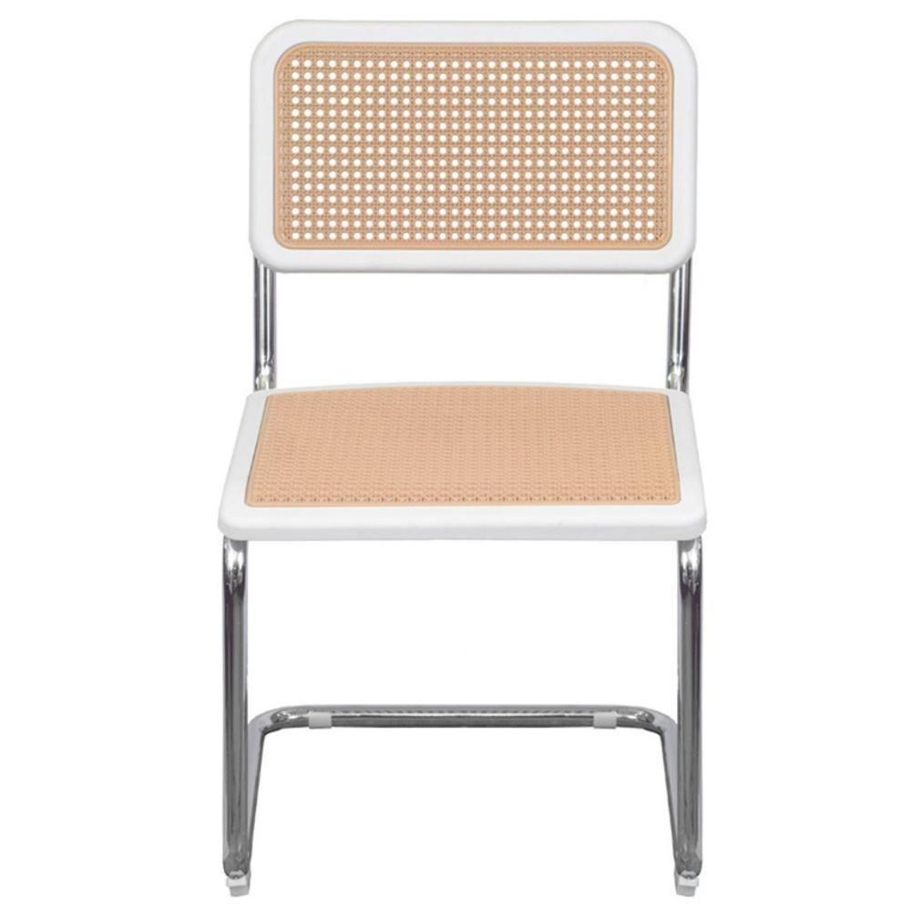 Cadeira Cesca Polipropileno Branco Simulando Palha Bege Base Fixa Cromada - 4