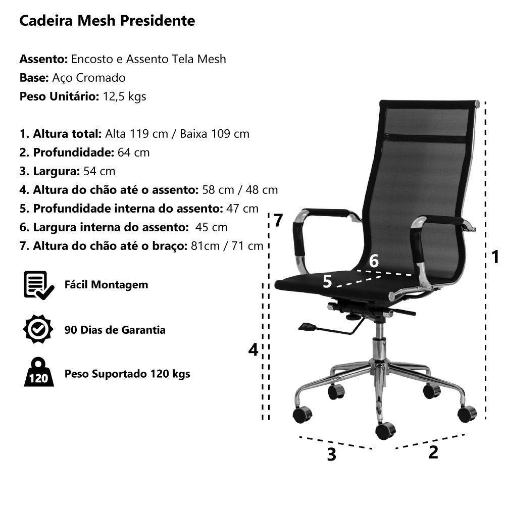 Cadeira Escritório Presidente Preta Base Giratória Cromada - 2