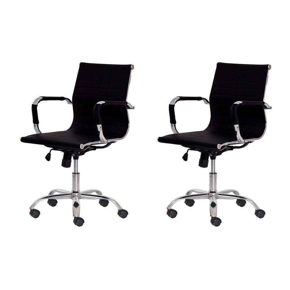 Kit 2 Cadeiras Escritório Stripes Diretor Pu Preta Base Giratória Cromada Altura Ajustável - 1