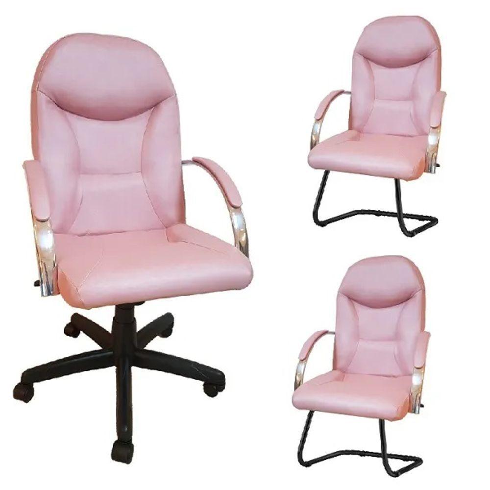 Kit 3 Cadeiras Escritório Day Rosê Gold 1 Giratória 2 Fixas - 1