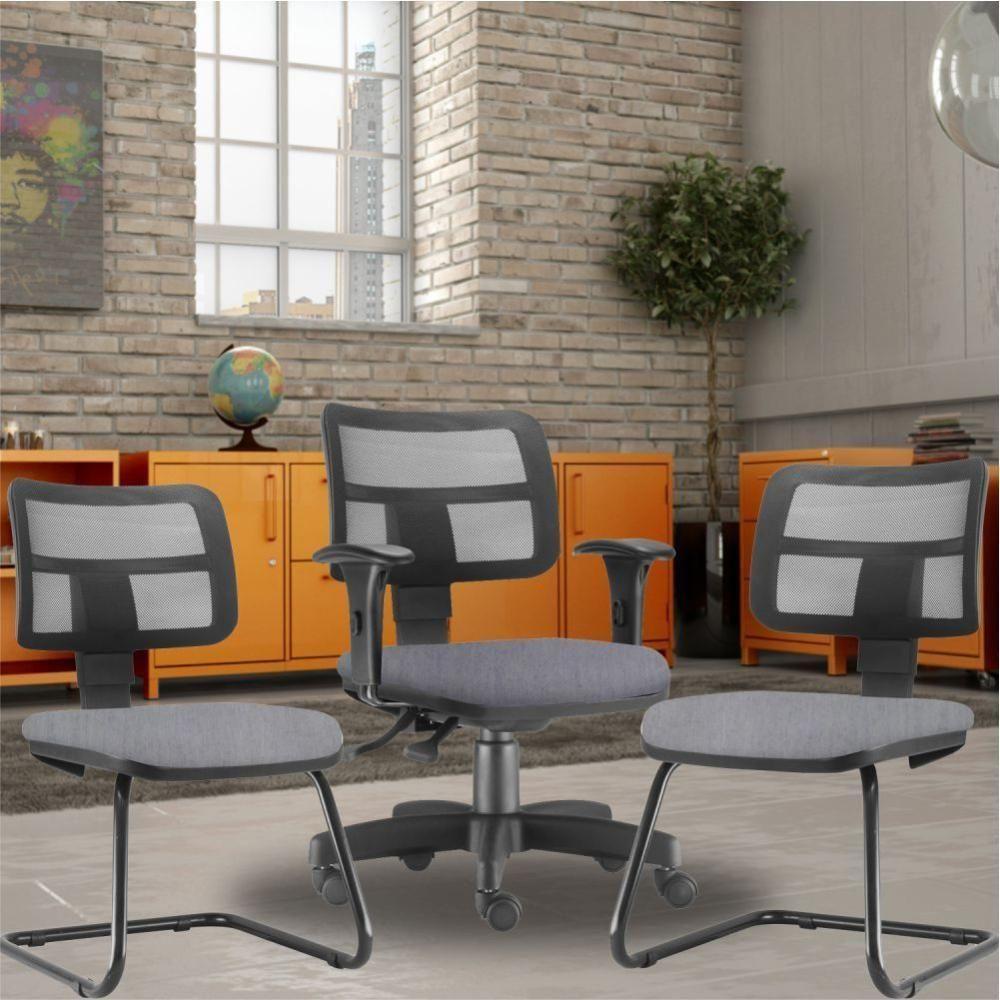 Kit Cadeira De Escritório Giratória E 2 Cadeiras Cinza - 6