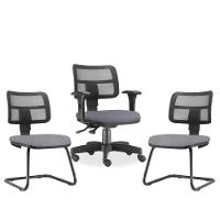 Kit Cadeira De Escritório Giratória E 2 Cadeiras Cinza - 1