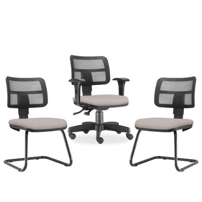 Kit Cadeira De Escritório Giratória E 2 Cadeiras Bege