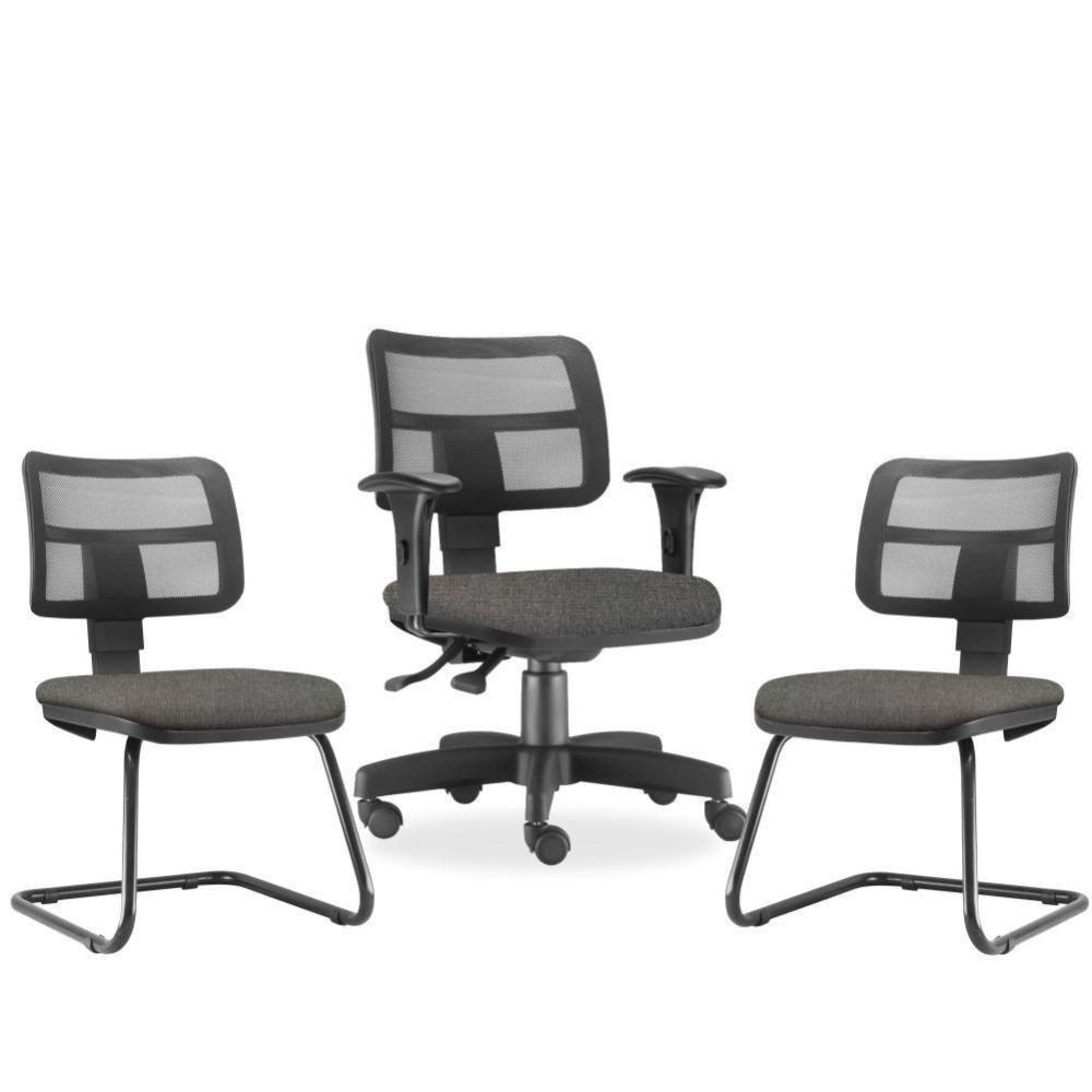 Kit Cadeira De Escritório E 2 Cadeiras Cinza Escuro - 1
