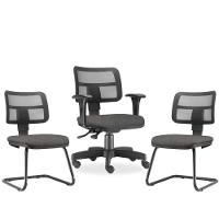 Kit Cadeira De Escritório E 2 Cadeiras Cinza Escuro - 1
