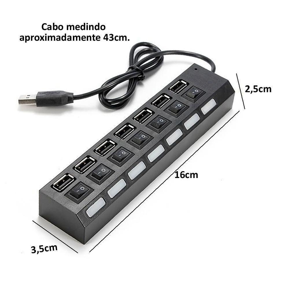 Hub 7 Portas Usb 2.0 Led Indicador Entrada para Fonte - Preto - 3