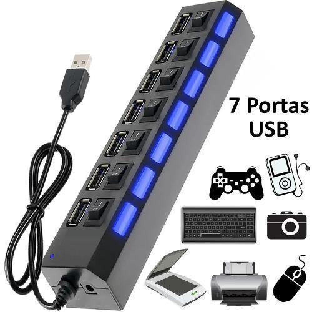 Hub 7 Portas Usb 2.0 Led Indicador Entrada para Fonte Preto - 1