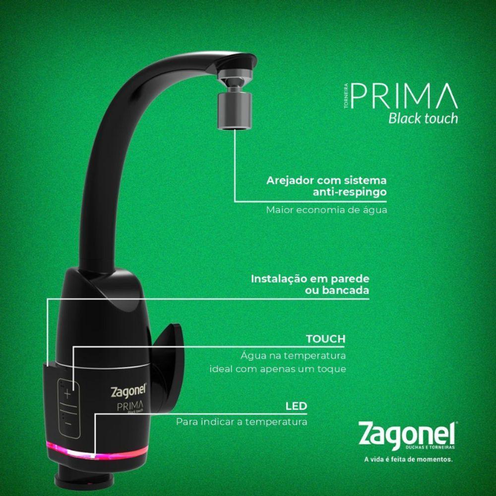 Torneira Eletrônica Zagonel Prima Touch 5500w De Parede Ou Bancada Preto - 220v - 2