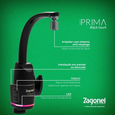 Torneira Eletrônica Zagonel Prima Touch 5500w De Parede Ou Bancada Preto - 220v