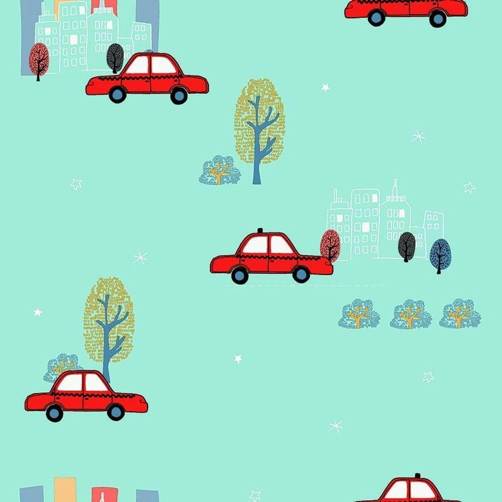 Papel De Parede Infantil De Carros, Vermelho Com Azul Claro - 1