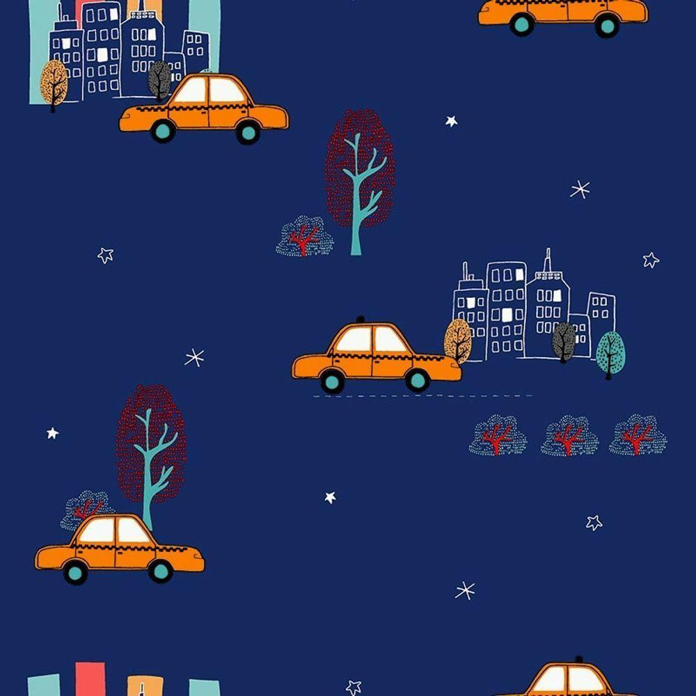 Papel De Parede Infantil De Carros, Azul Marinho Com Amarelo - 1