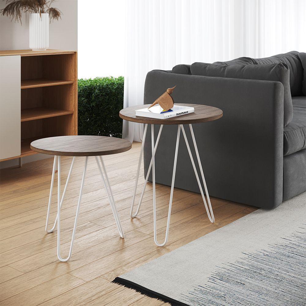 Mesa De Canto Duo Lisboa Ferro Branco Tampo Amêndoa - 1