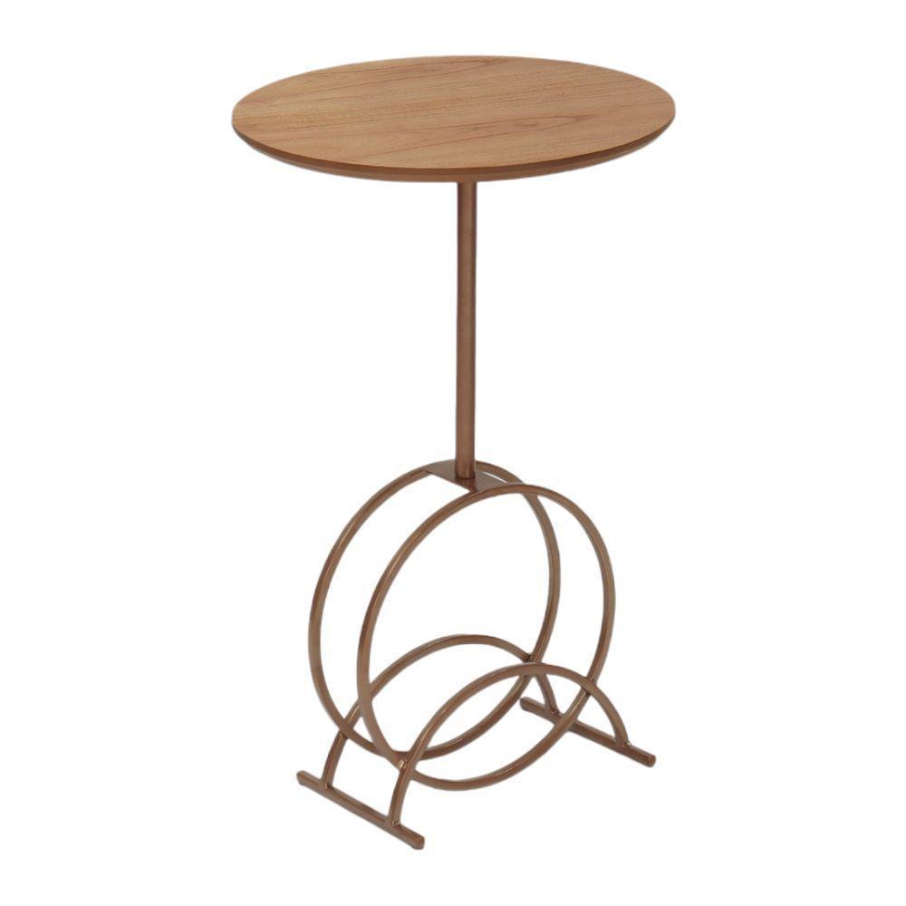 Mesa De Apoio Lunar Alta Madeira Maciça Amêndoa Com Metal Cobre - 1