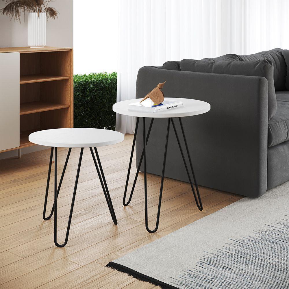 Mesa De Lateral Duo Lisboa Ferro Preto Tampo Branco - Cor: Branco - 1