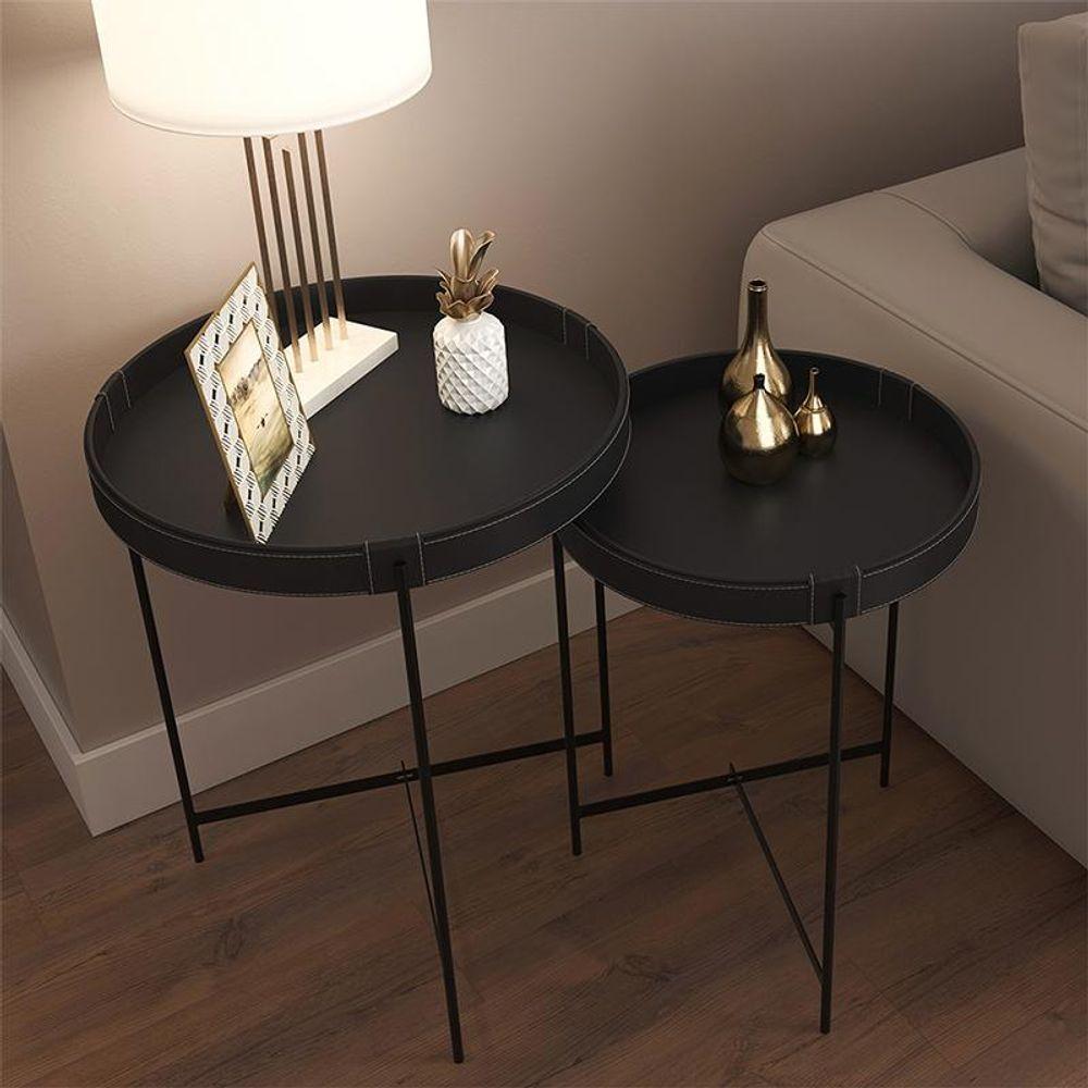 Conjunto Mesas De Laterais Sala Décor 560 E 470 Pés De Metal Preto Preto - 2