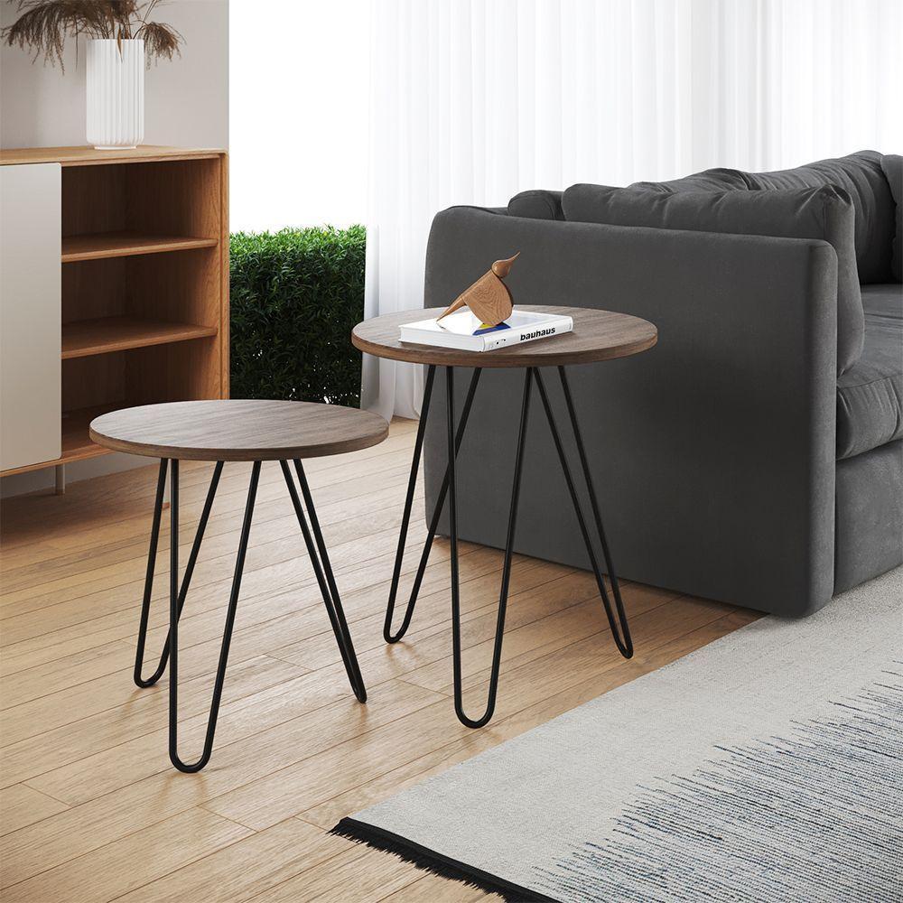 Mesa De Lateral Duo Lisboa Ferro Preto Tampo Amêndoa - Cor: Marrom - 1