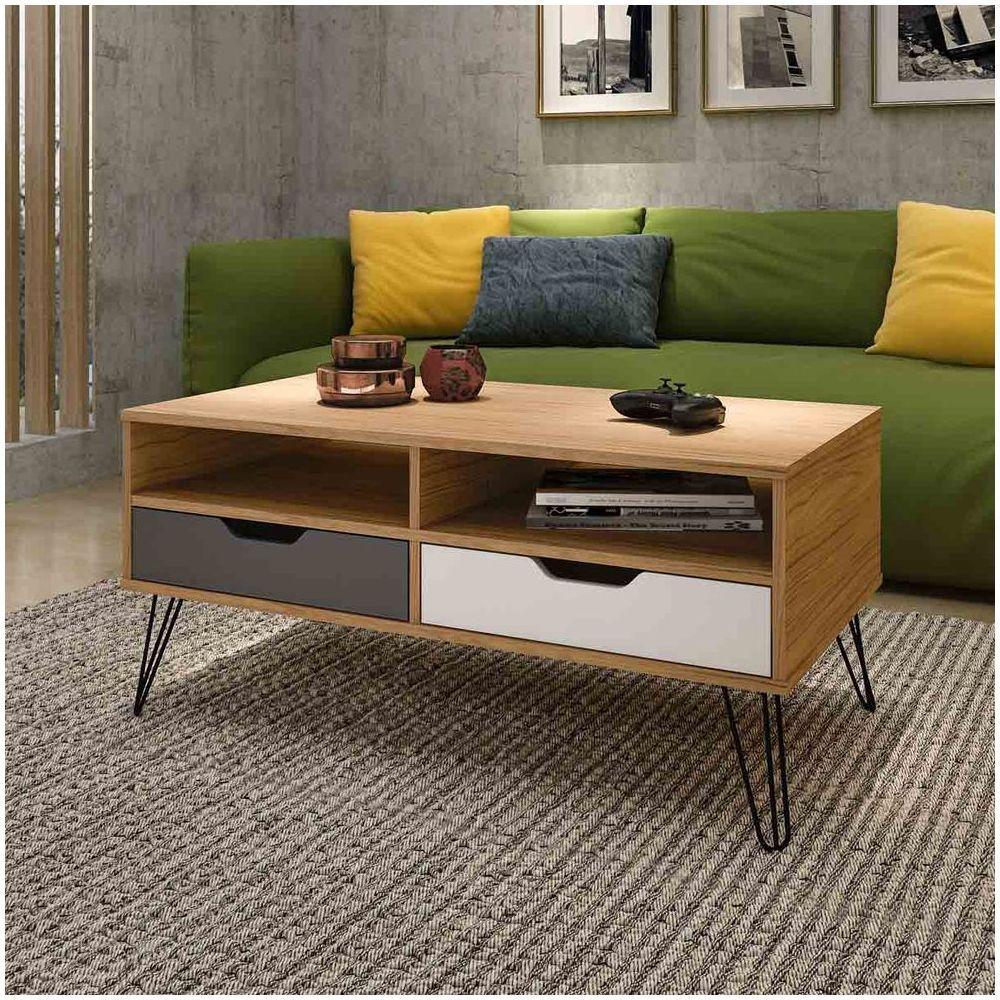 Mesa Centro Carvalho/grafite/Branco 2 Gaveta 2 Nichos - 1