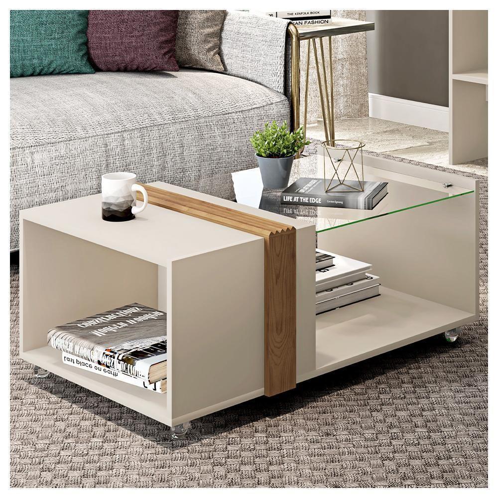 Mesa De Centro Quadrada Com Rodízios E Vidro Núbia Caemmun - 2